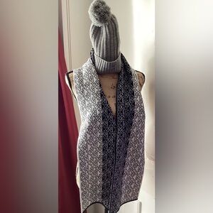 Michael Kors Black and White Monogram Scarf and Pom Beanie Bundle of Two